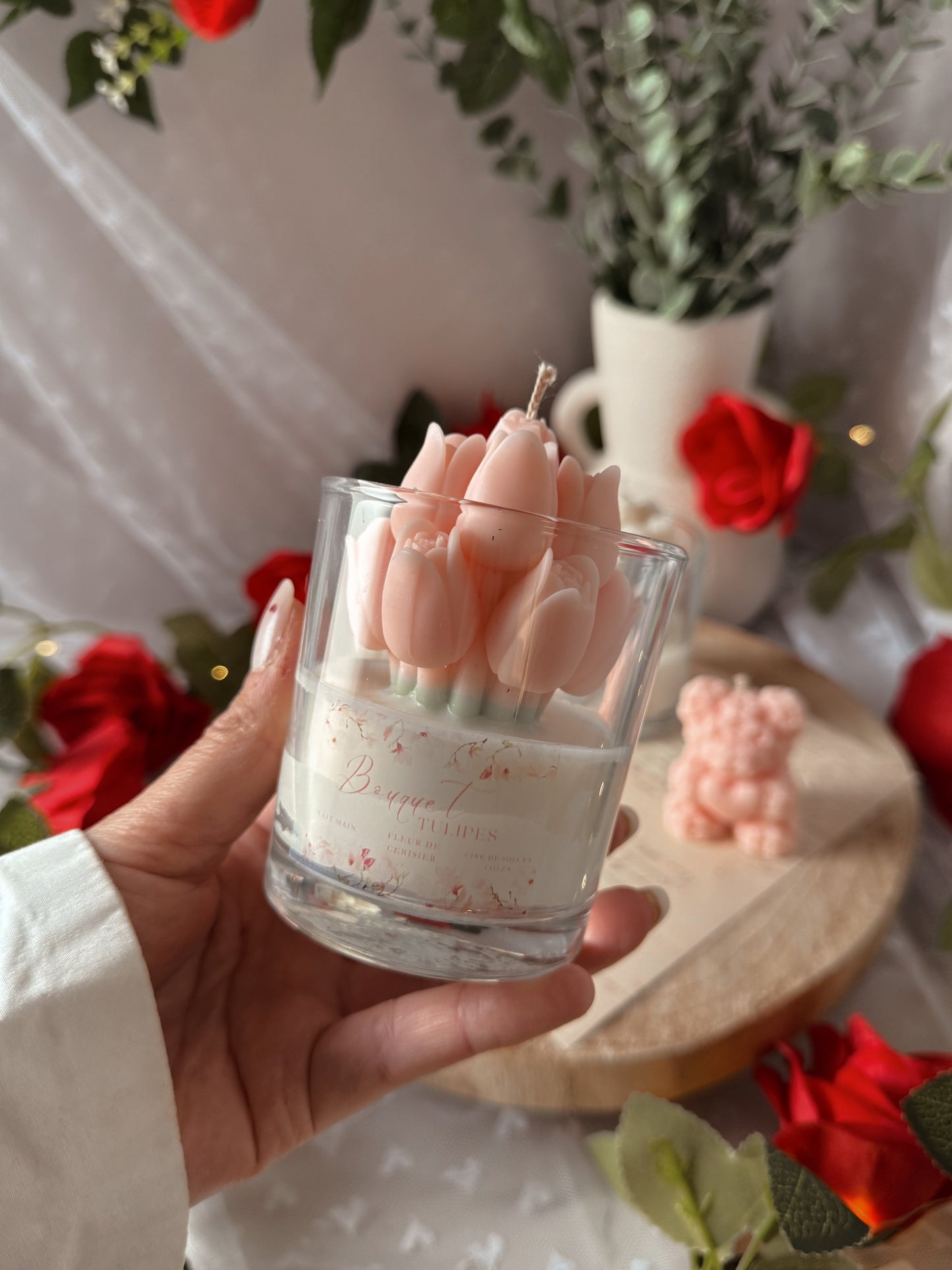 Bougie en verre Bouquet de tulipes coloris au choix