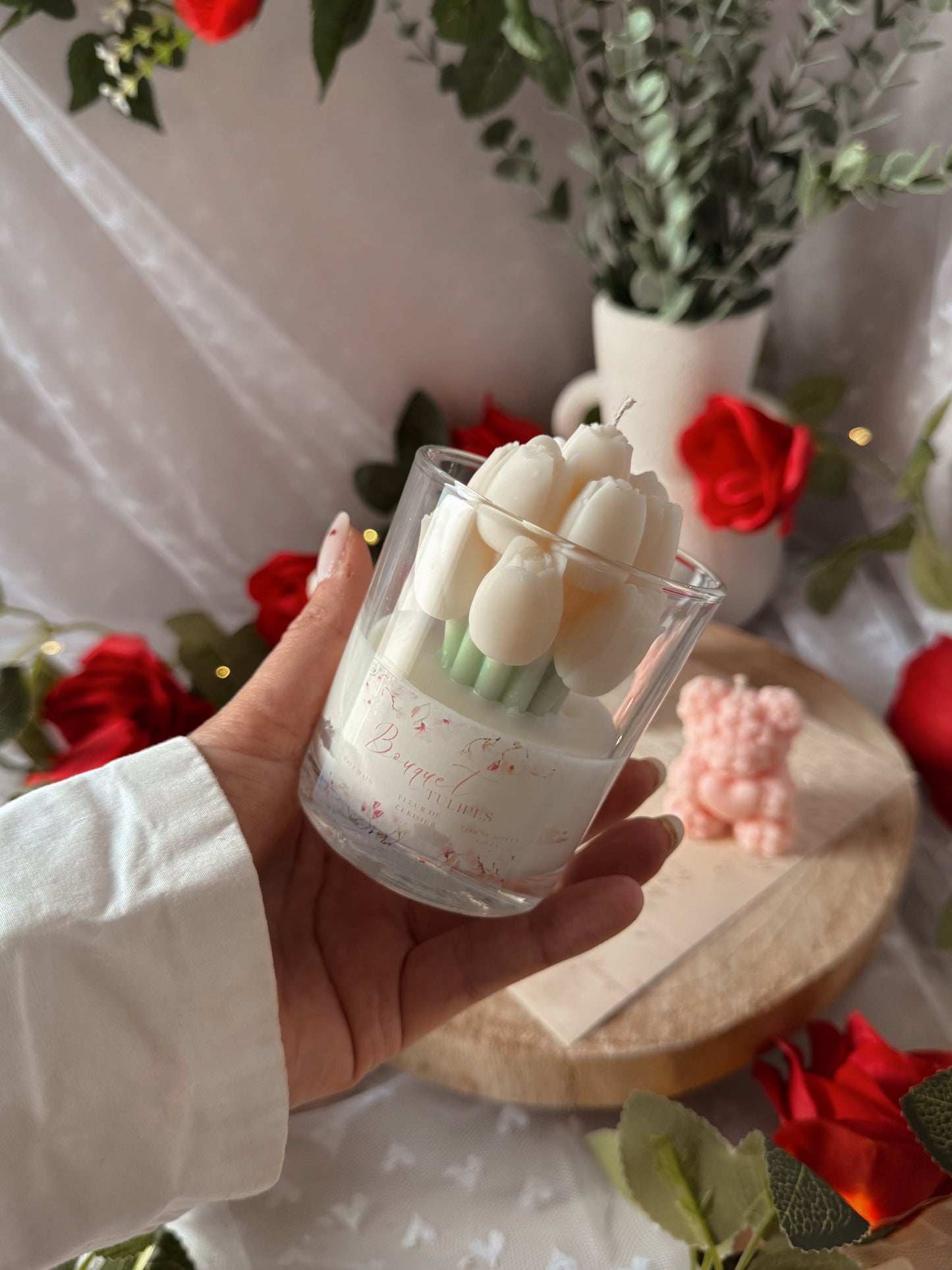 Bougie en verre Bouquet de tulipes coloris au choix
