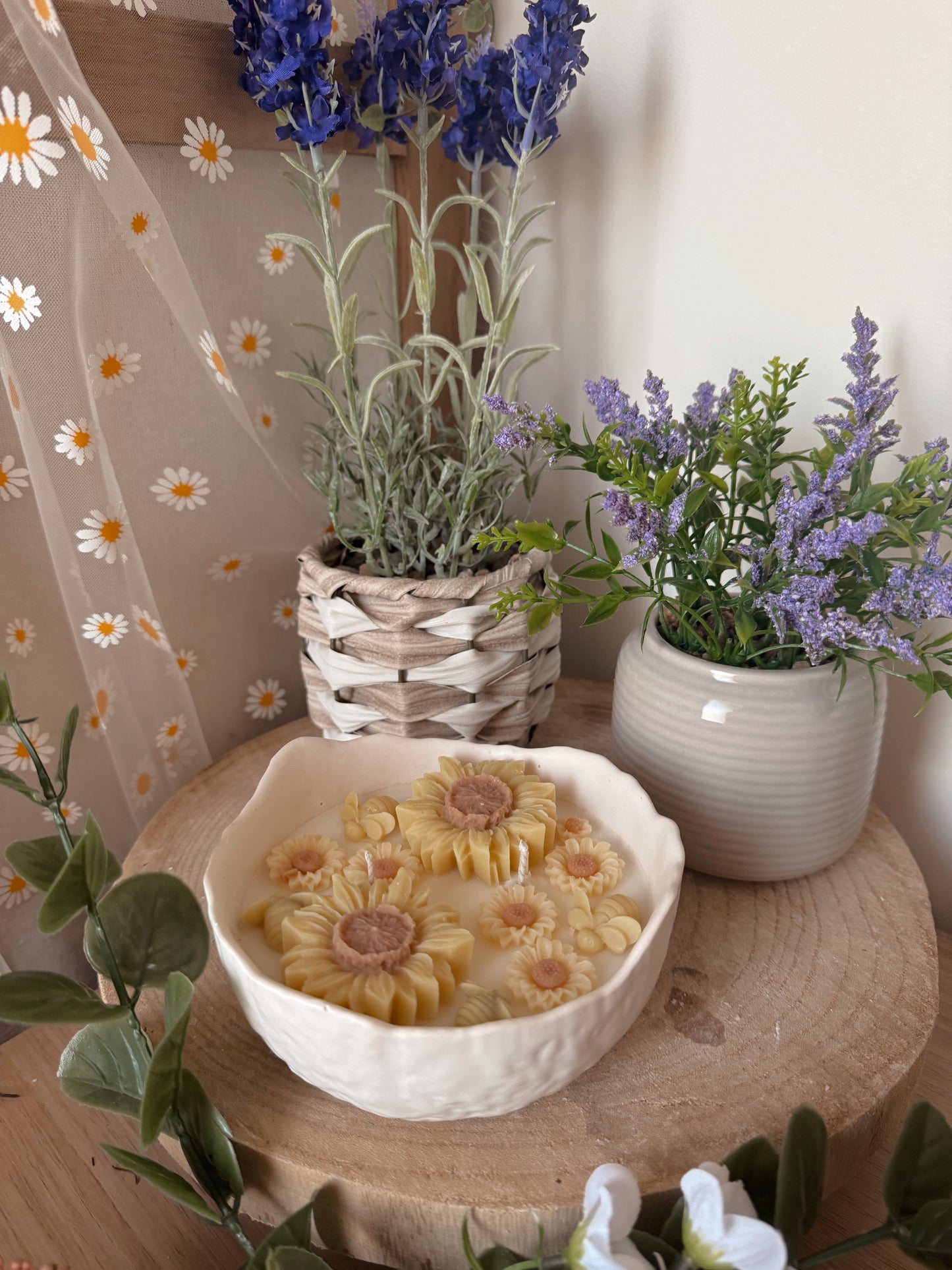 Bougie pot fait main texturé jardin de tournesols