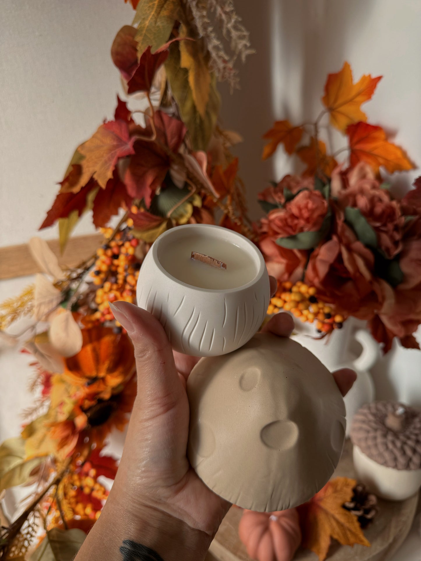 Bougie champignon pot fait main en jesmonite et cire de soja fragrance aux choix