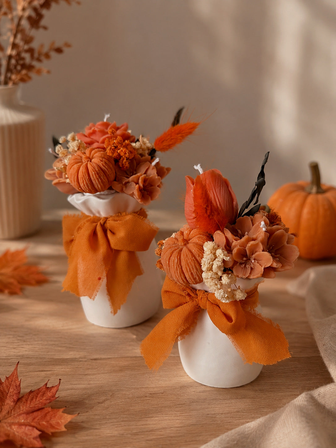 Bouquet vase en jesmonite 2 tailles aux choix édition limité automne fait main fleurs en cire senteurs automne gourmand