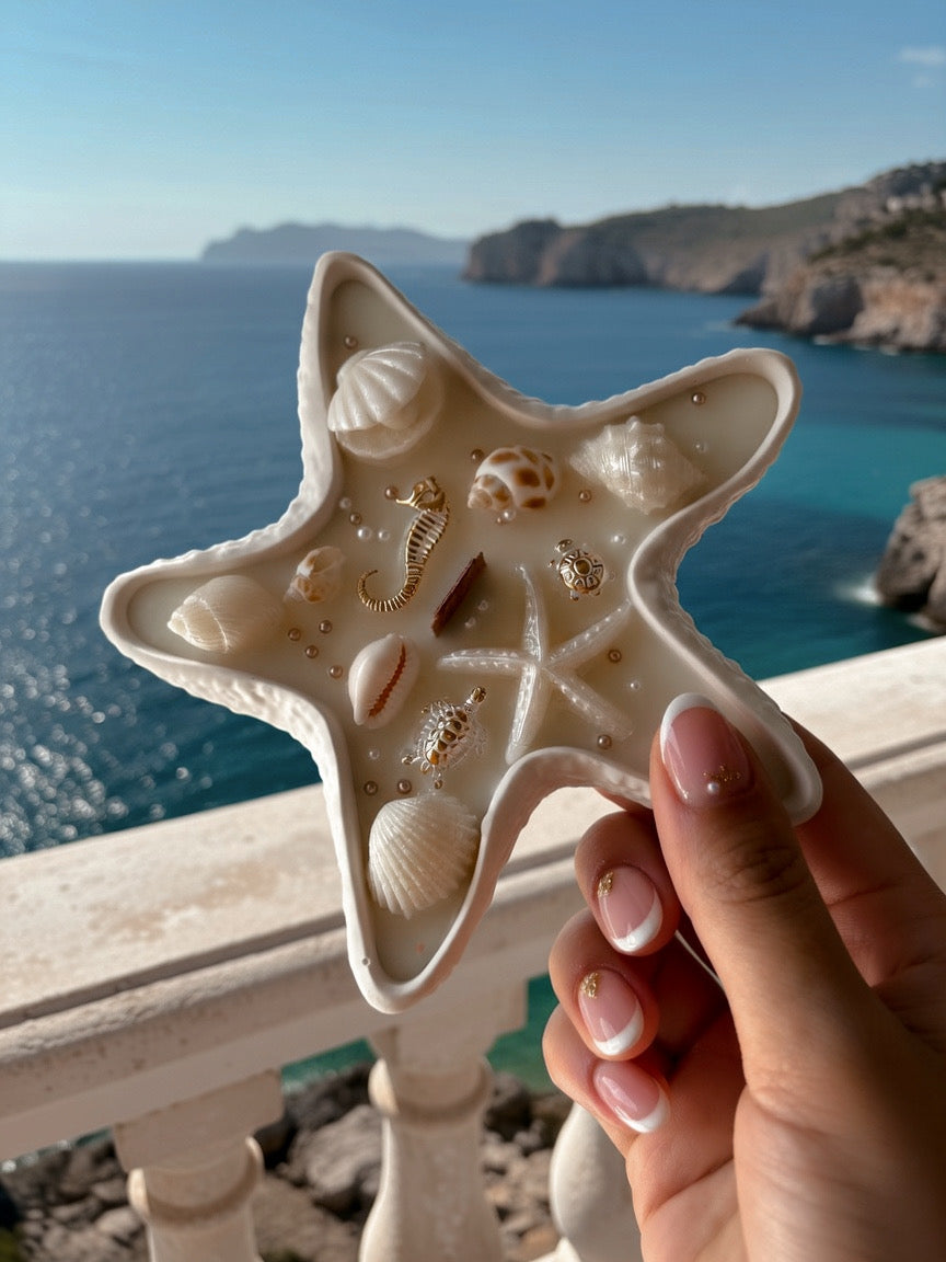 Bougie étoile de mer fait main en jesmonite et cire d’olive, senteur au choix