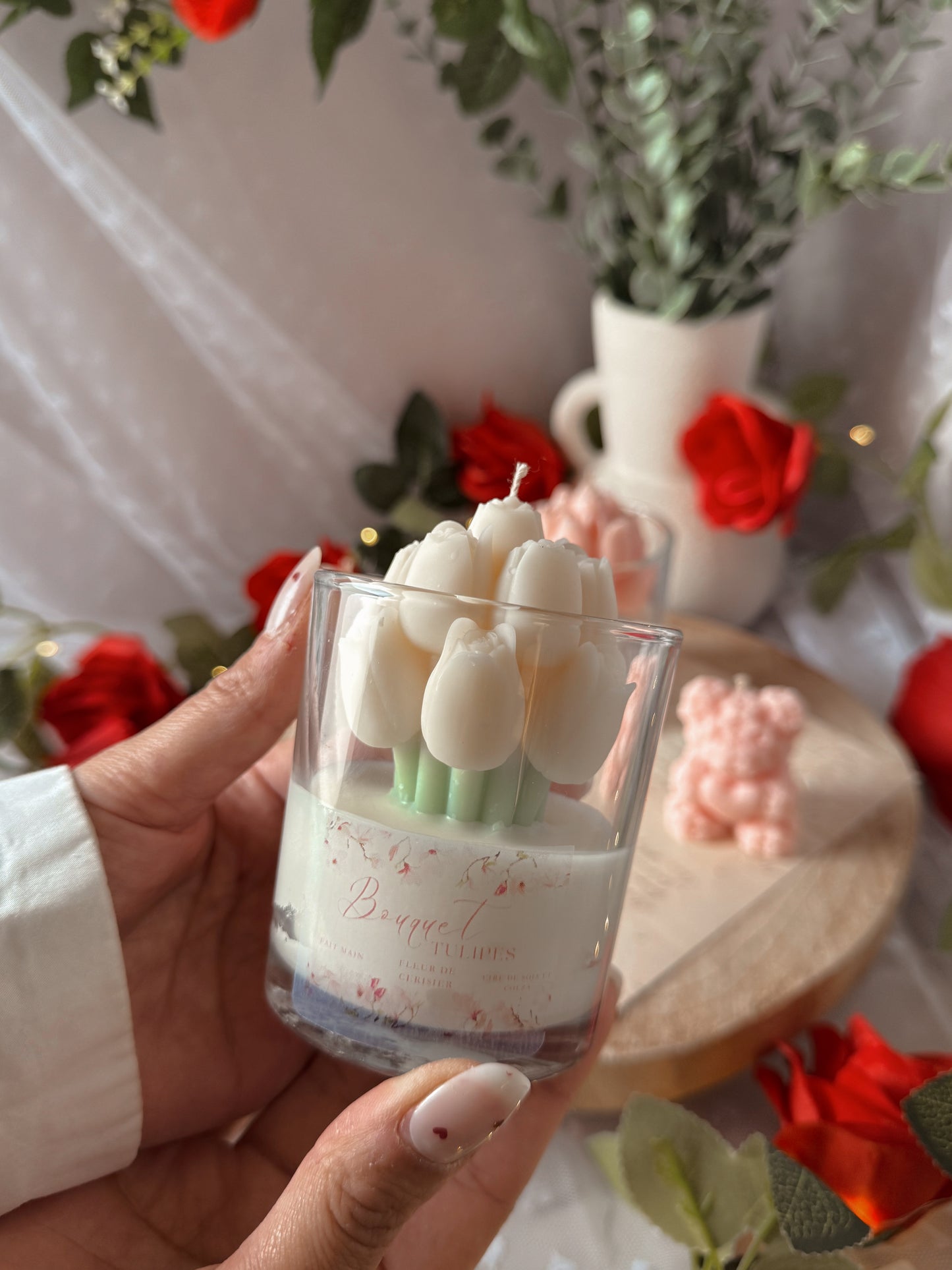 Bougie en verre Bouquet de tulipes coloris au choix