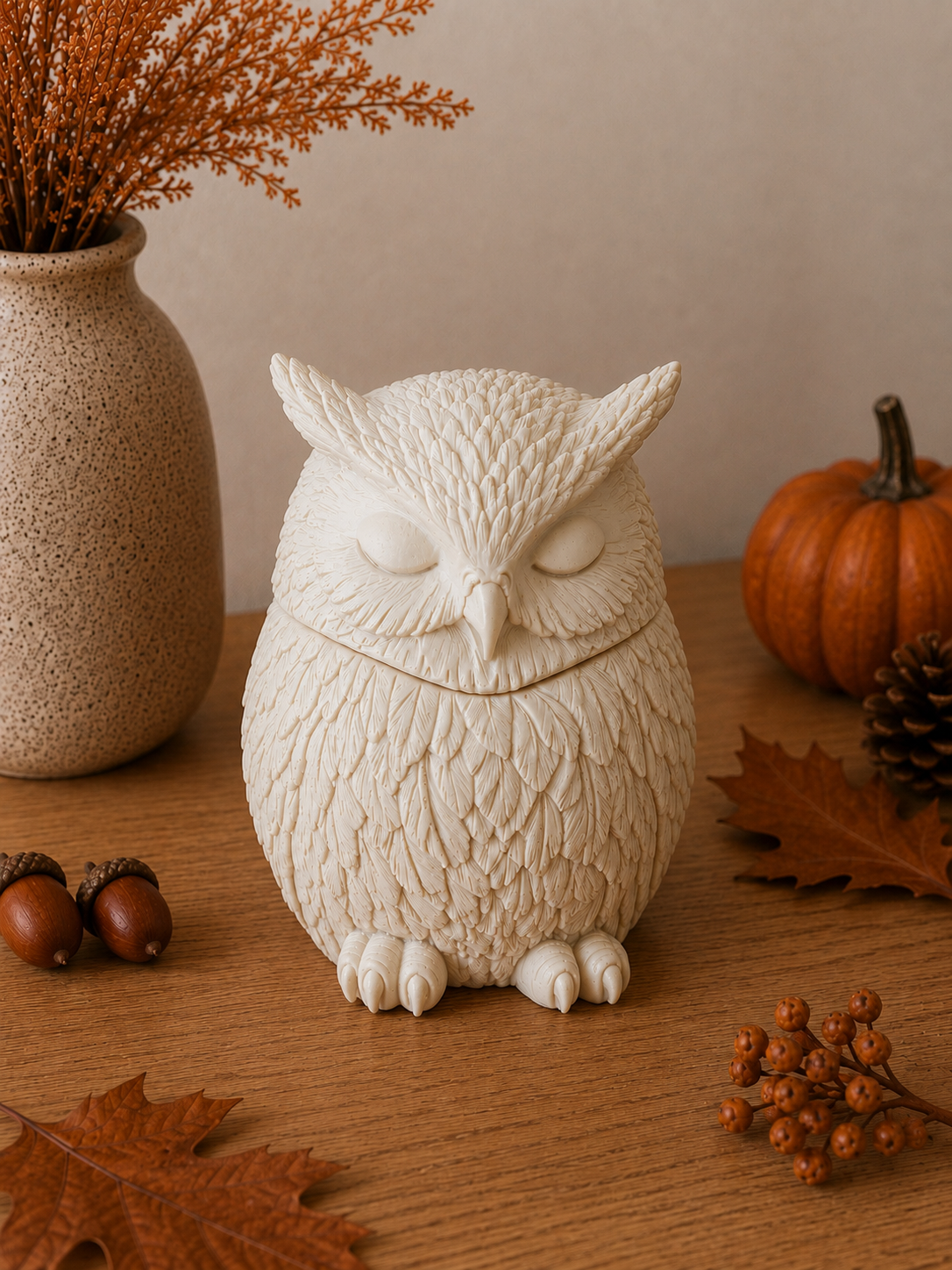Bougie grand hibou endormi fait main en Jesmonite crème et cire de soja senteur au choix