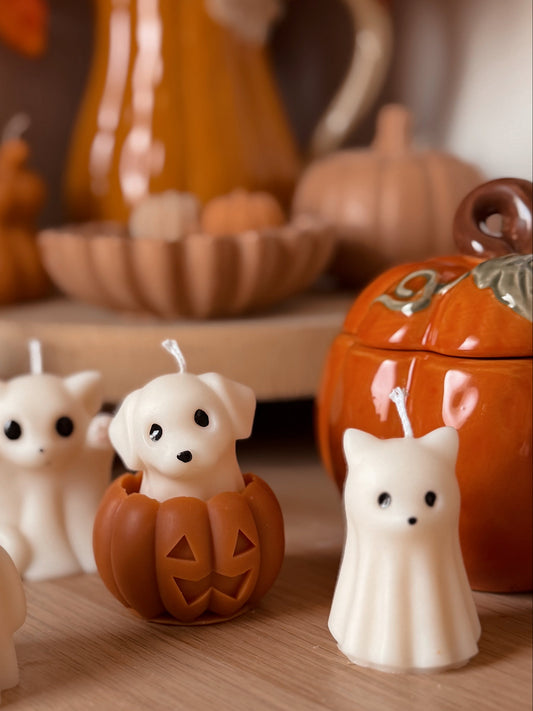 Bougie fantôme duo chien & chat fait main en cire d'olive coloris au choix senteur automne gourmand