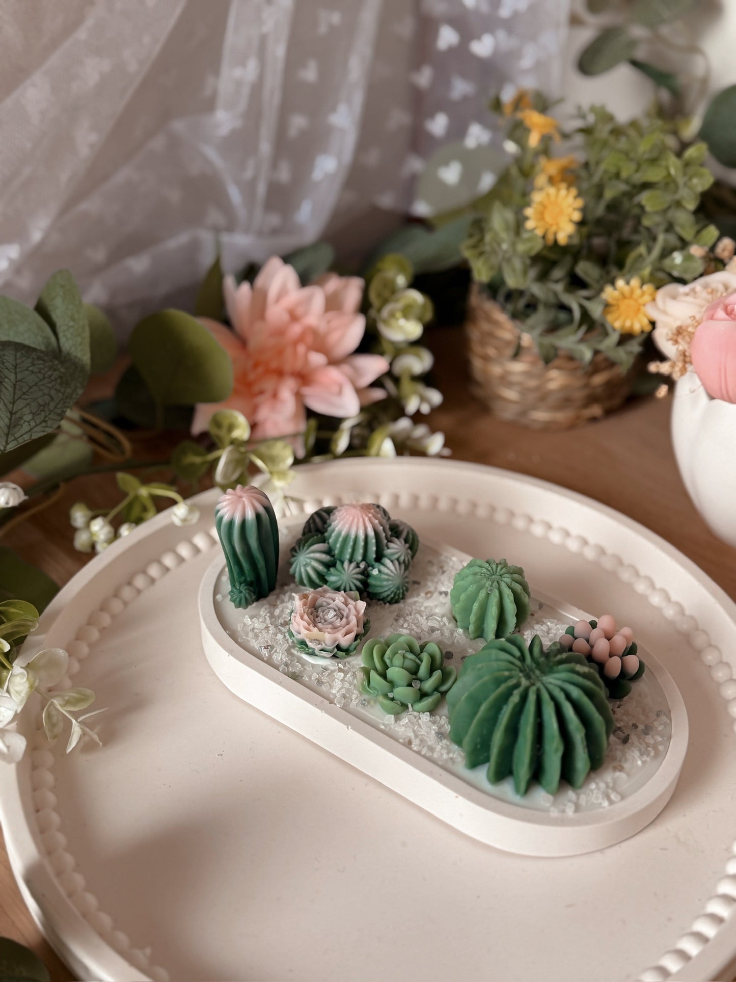 Terrarium en jesmonite crème et succulentes de cires senteur soleil envoûtant
