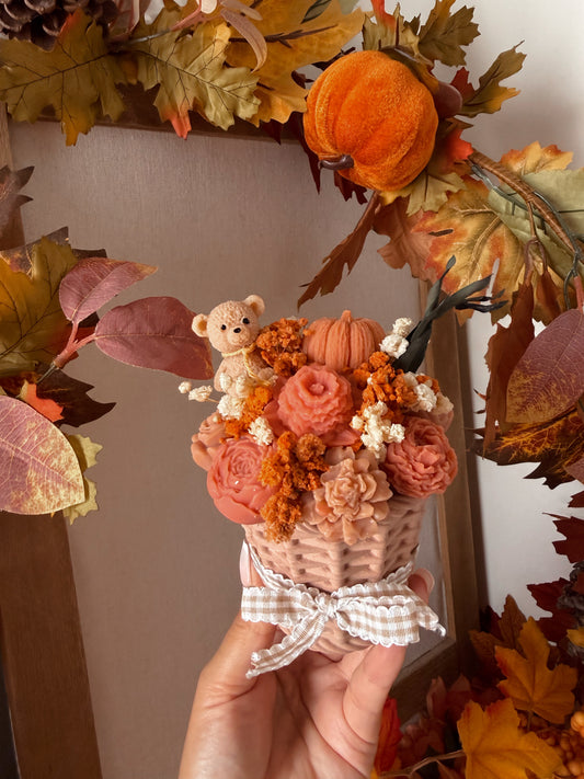 Bougie dans son panier & ces fondants parfumés édition automne fait main en jesmonite senteur automne gourmand