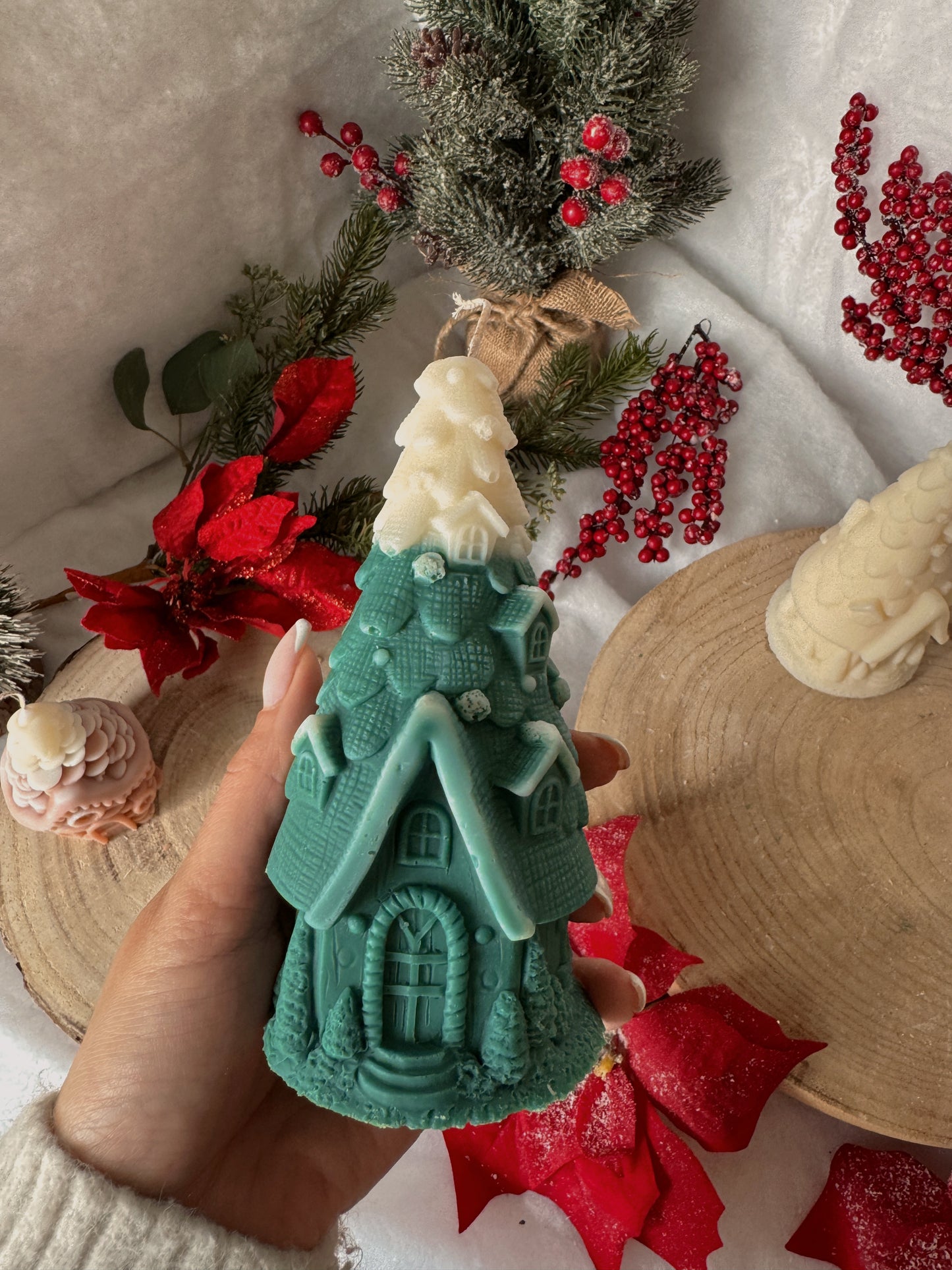 Bougie maison sapin fait main en cire d’olive coloris au choix