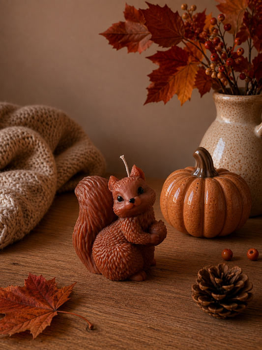 Bougie écureuil & sa noisette fait main en cire d'olive coloris au choix senteur automne gourmand