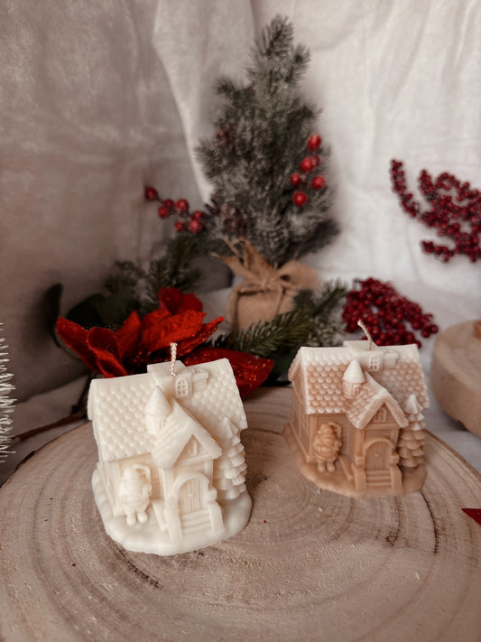 Bougie maison enneigée  fait main en cire d’olive coloris au choix