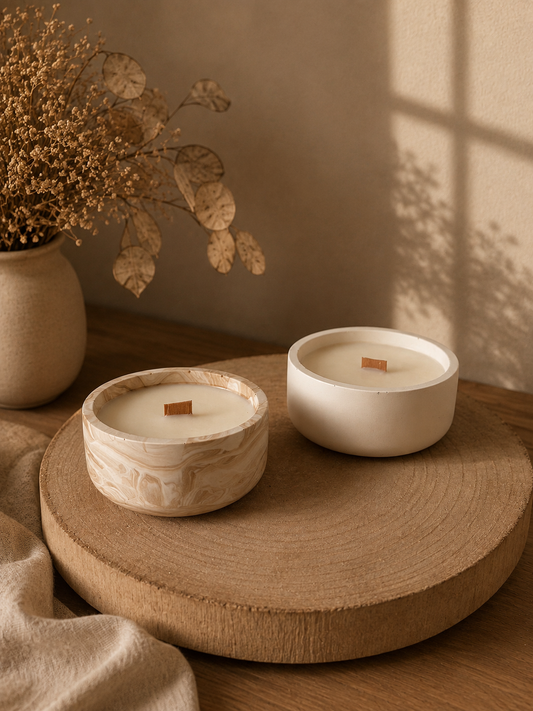 Bougie ronde marbré beige ou crème fait main en jesmonite