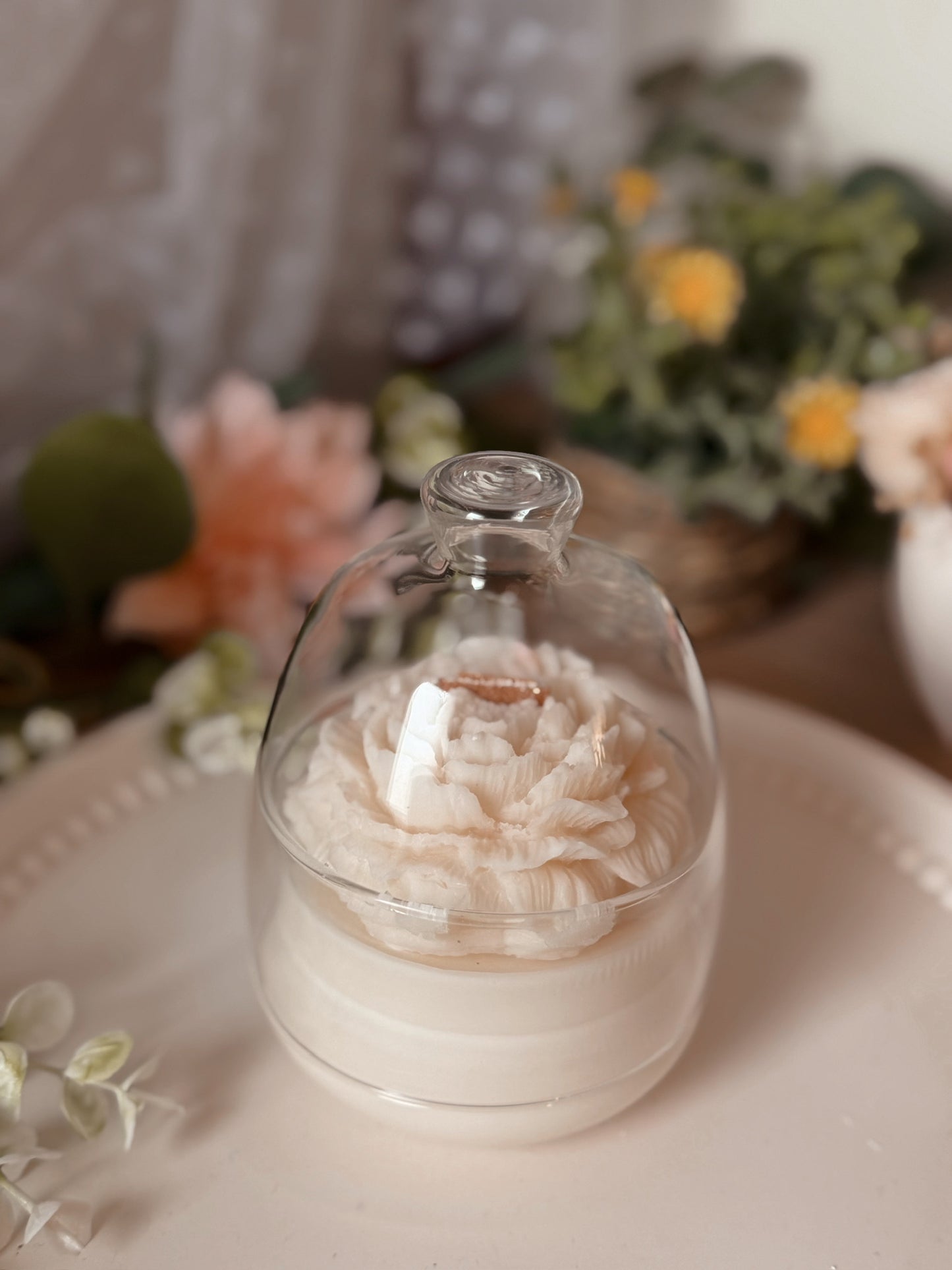 Bougie sous cloche Pivoine senteur bois de rose