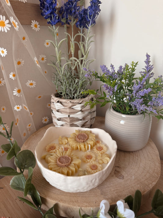 Bougie pot fait main texturé jardin de tournesols