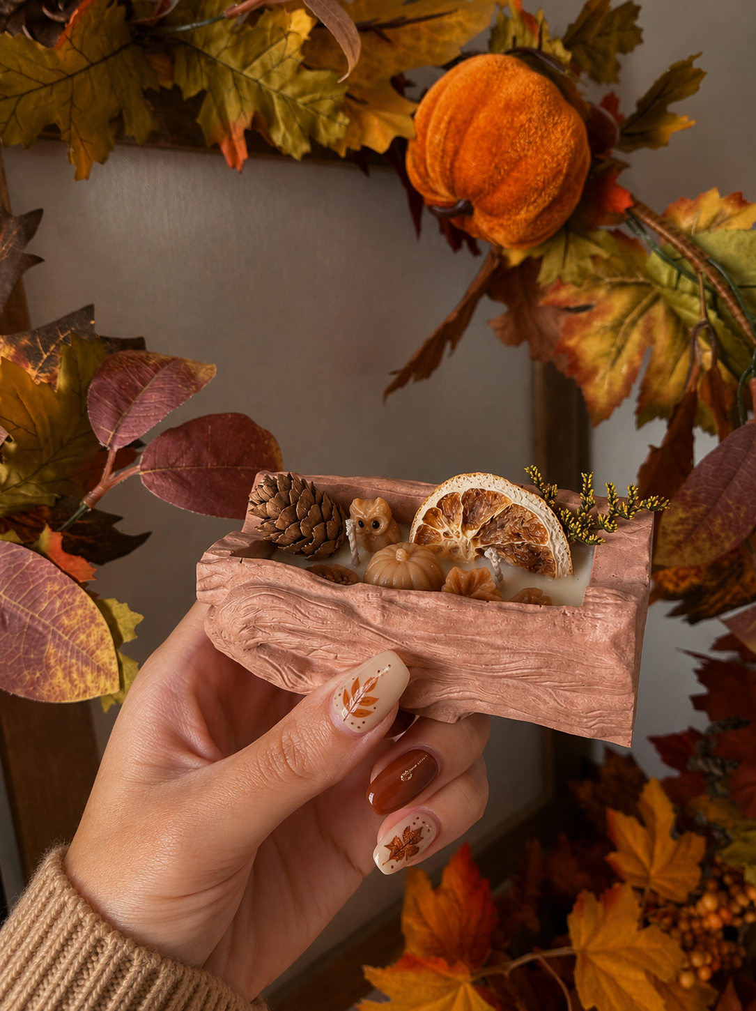 Bougie bûche pot fait main en jesmonite grand modèle & cire de soja senteur au choix