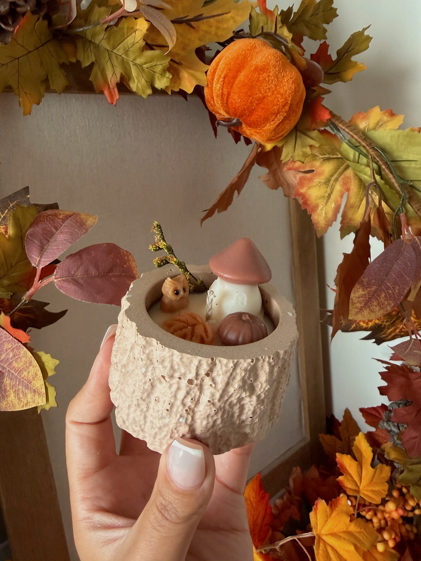 Bougie tronc d'arbre pot fait main en jesmonite petit modèle & cire de soja senteur au choix