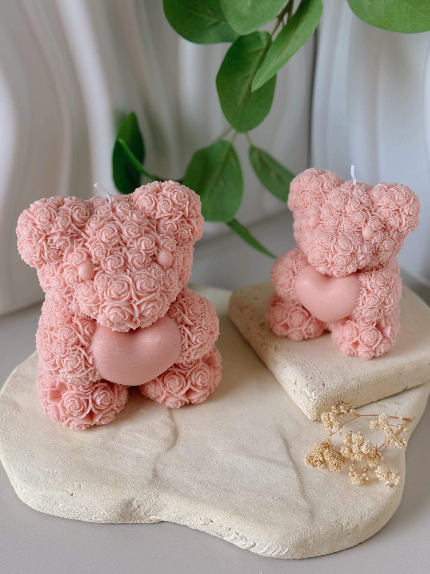 Bougie Ourson Love heart rose poudré taille aux choix fait main en cire de colza