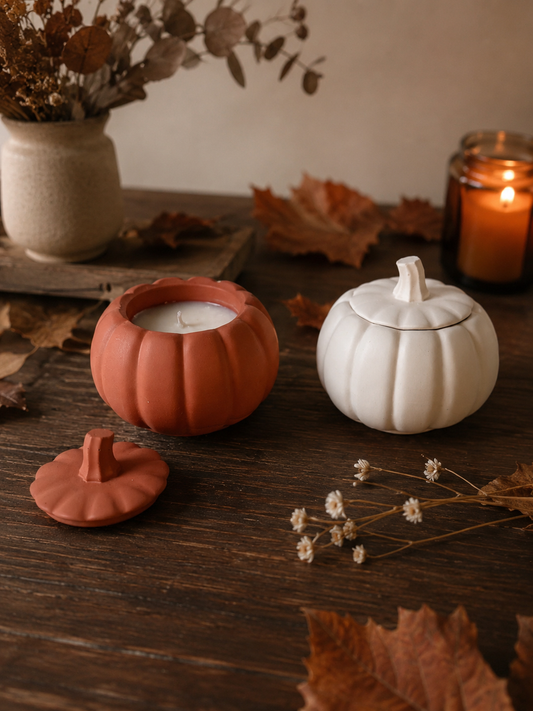 Bougie citrouille  pot fait main en jesmonite crème cire de soja senteur au choix