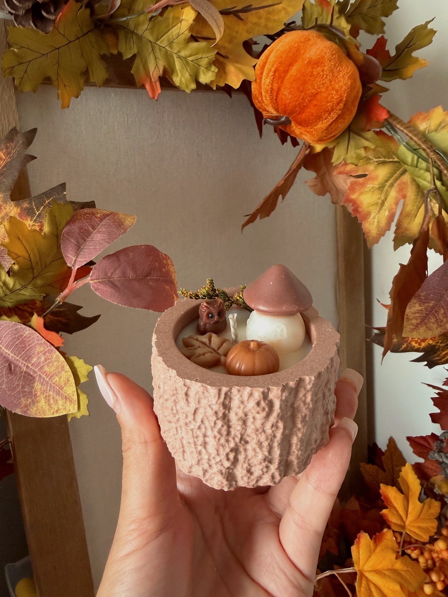 Bougie tronc d'arbre pot fait main en jesmonite petit modèle & cire de soja senteur au choix
