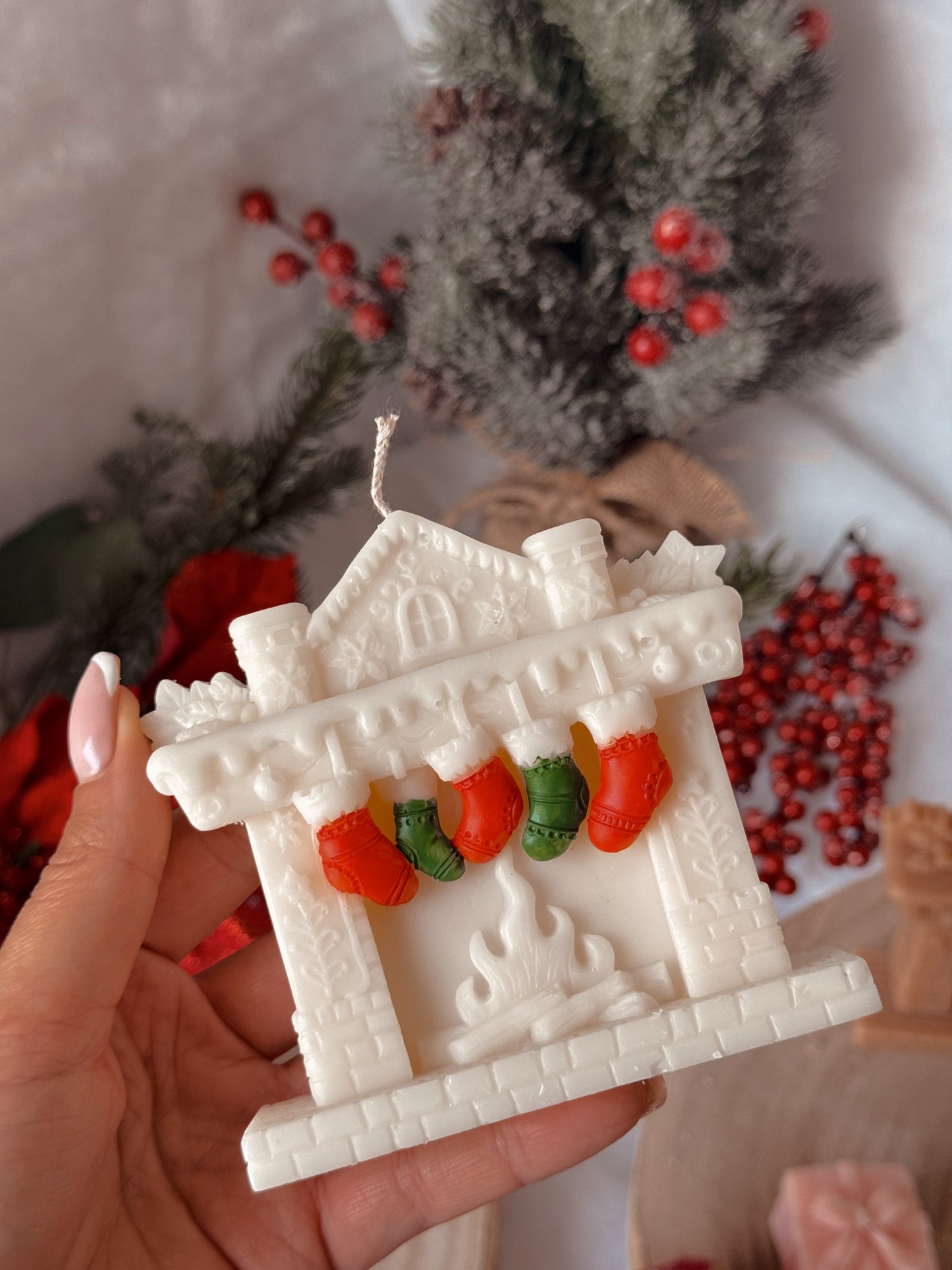 Bougie cheminées de Noël fait main en cire d’olive coloris et senteur au choix