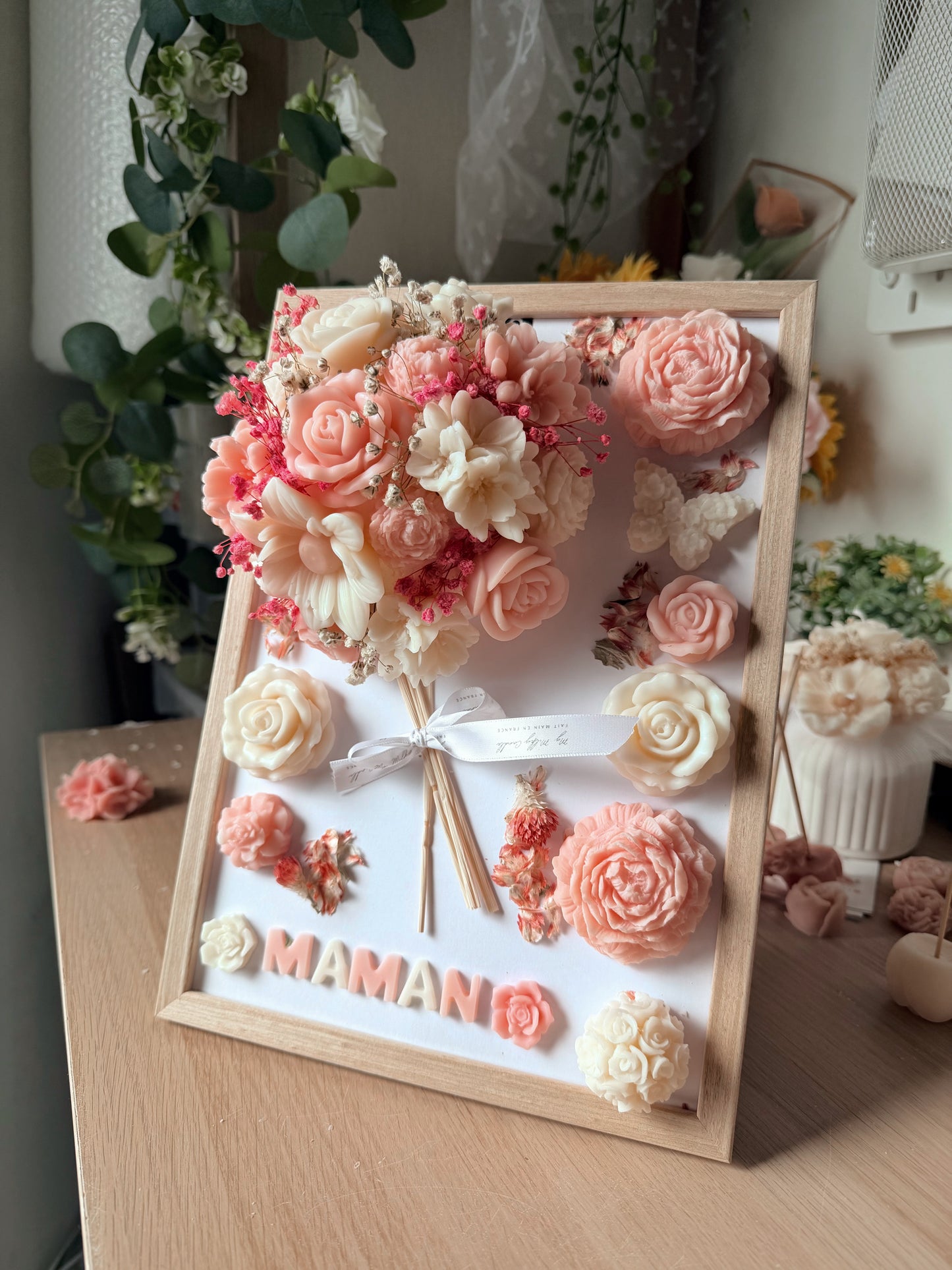 Tableau bouquet de fleurs de cire d'olive spécial fête des mères Parfumé senteur Fleur de cerisier