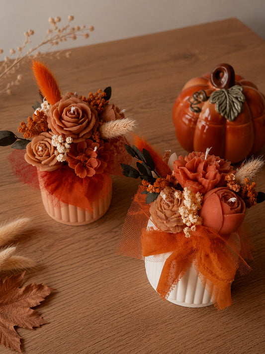 Bouquet Pot en jesmonite rayé édition limité automne fait main coloris au choix fleurs en cire senteurs automne gourmand