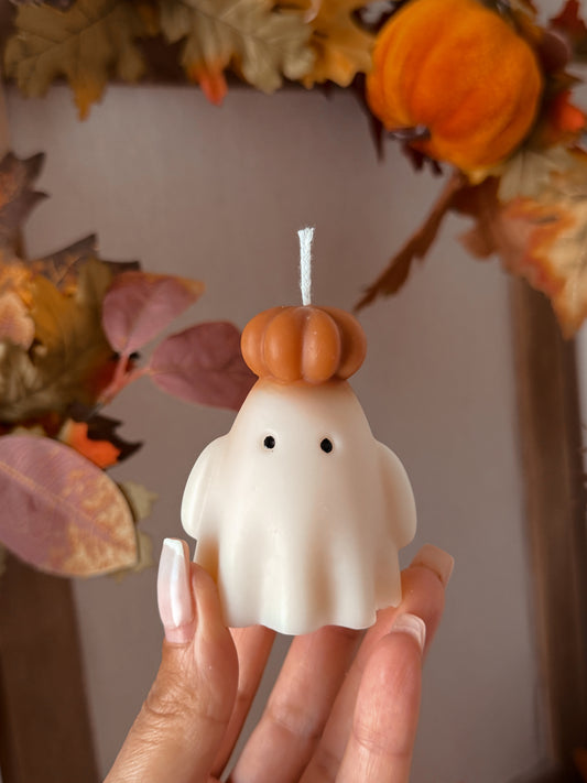 Bougie fantôme et sa citrouille fait main en cire d'olive coloris au choix senteur automne gourmand