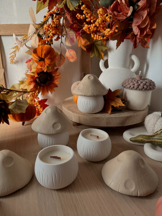 Bougie champignon pot fait main en jesmonite et cire de soja fragrance aux choix