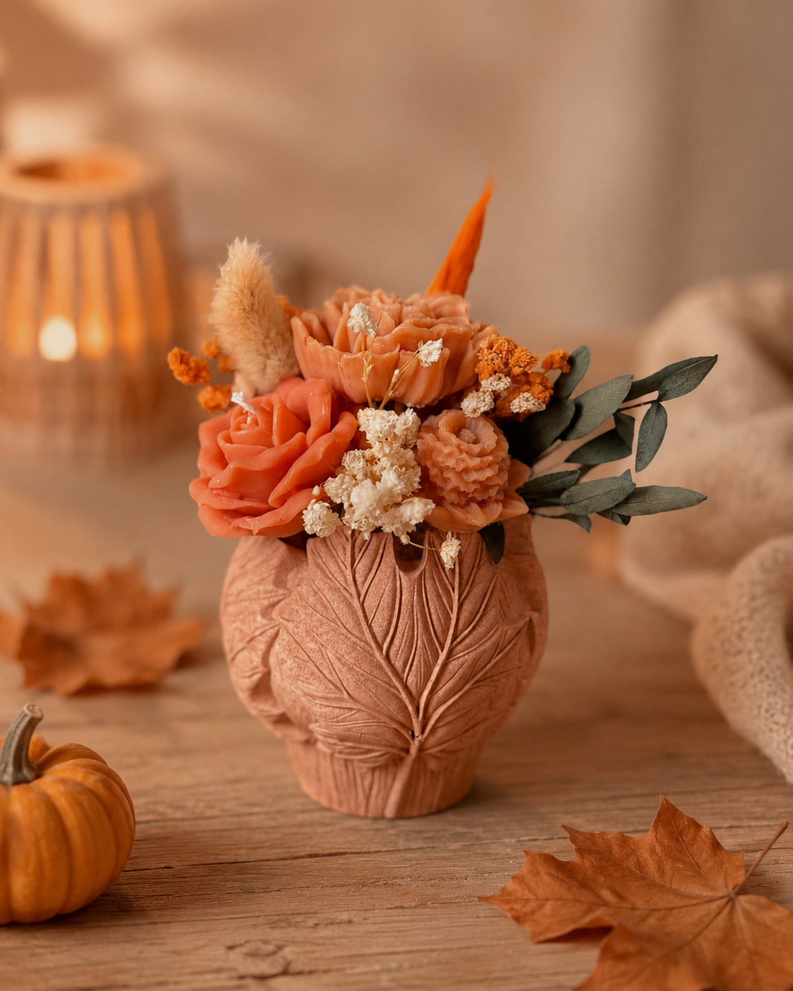 Pot en jesmonite feuilles d'érable terracotta édition limité d'automne fleurs en cire senteur automne gourmand