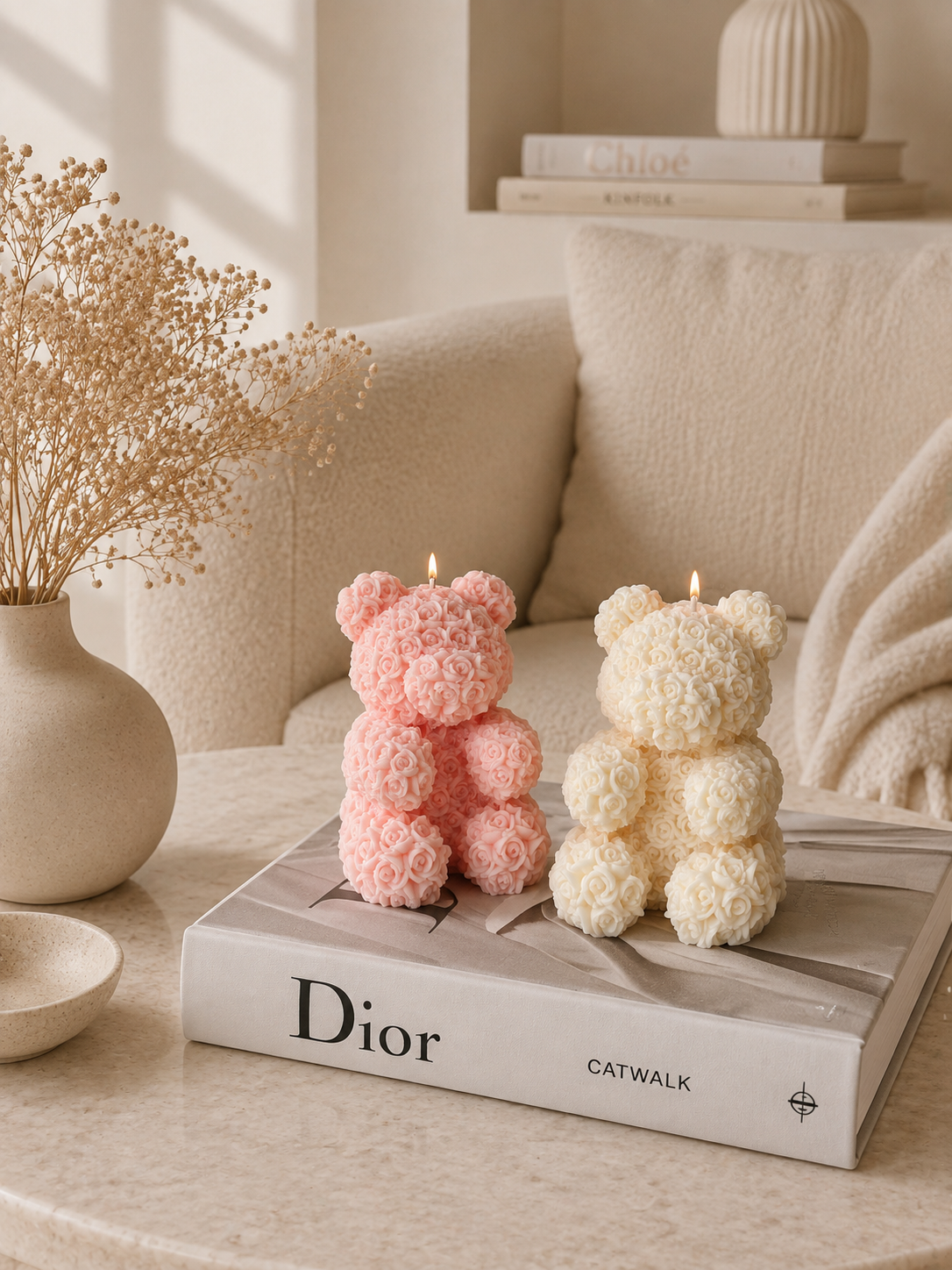 Bougie Teddy bear boutons de roses coloris au choix