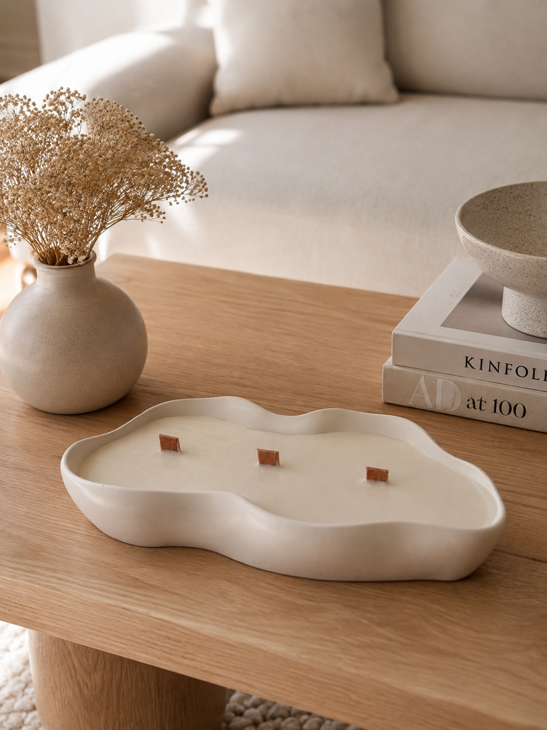énorme Bougie pot fait main en jesmonite asymétrique uni blanche ou marbre beige