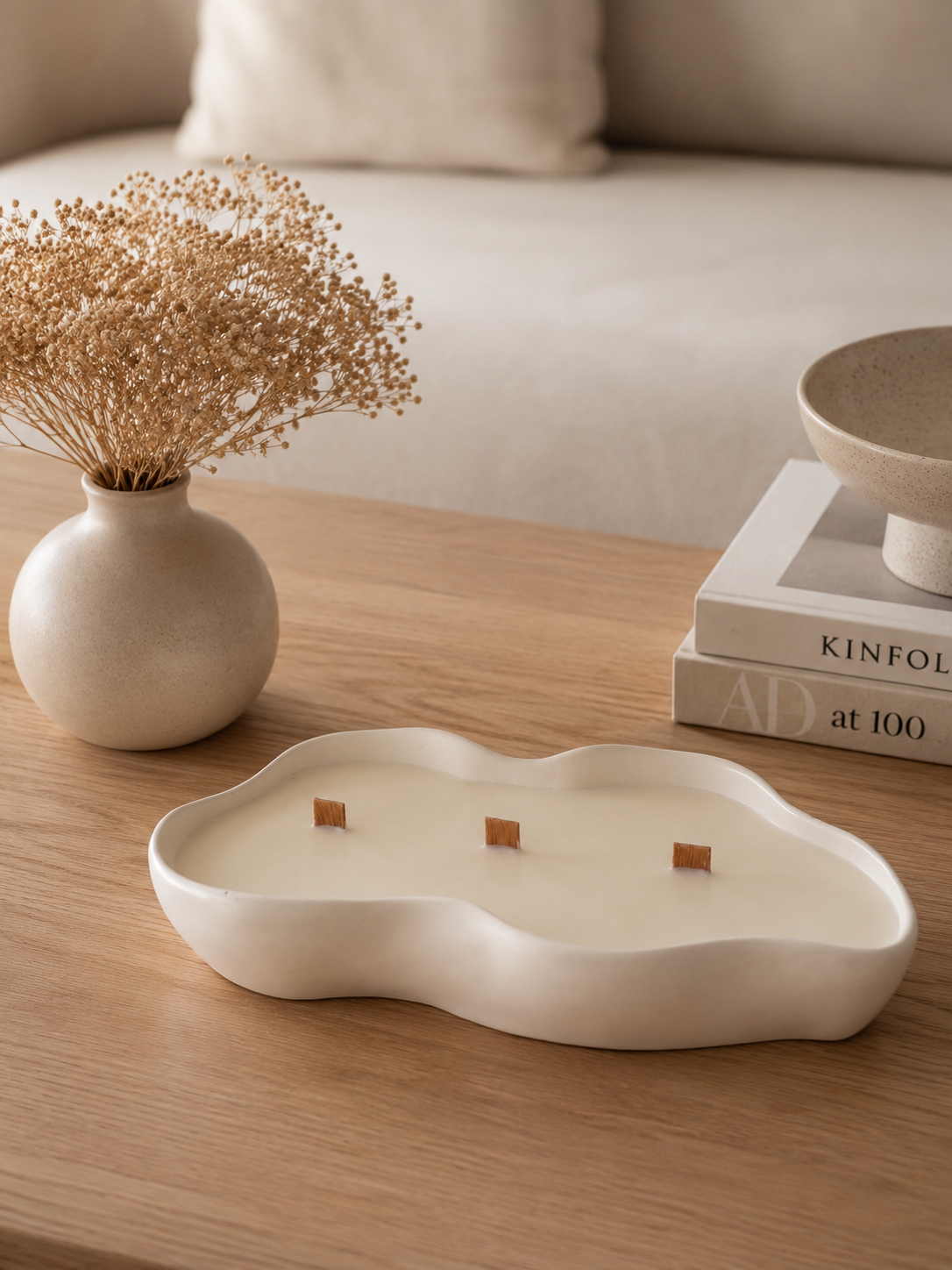 énorme Bougie pot fait main en jesmonite asymétrique uni blanche ou marbre beige
