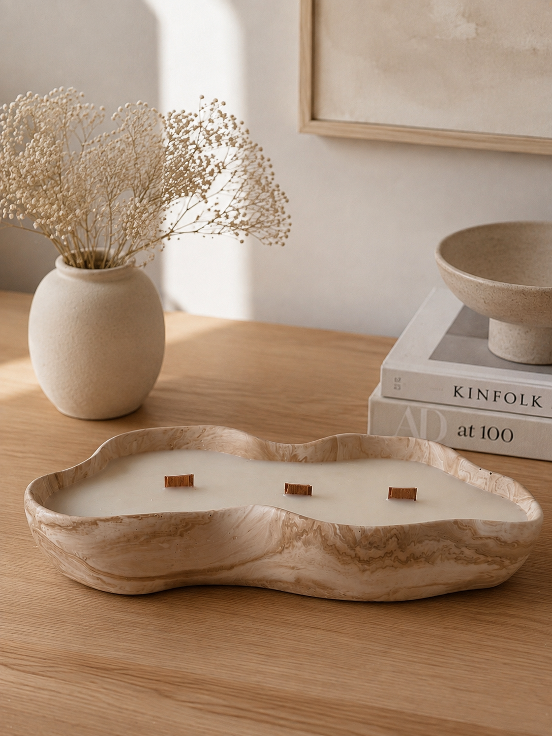 énorme Bougie pot fait main en jesmonite asymétrique uni blanche ou marbre beige