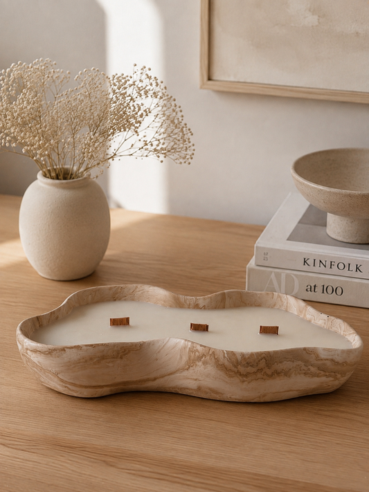 énorme Bougie pot fait main en jesmonite asymétrique uni blanche ou marbre beige