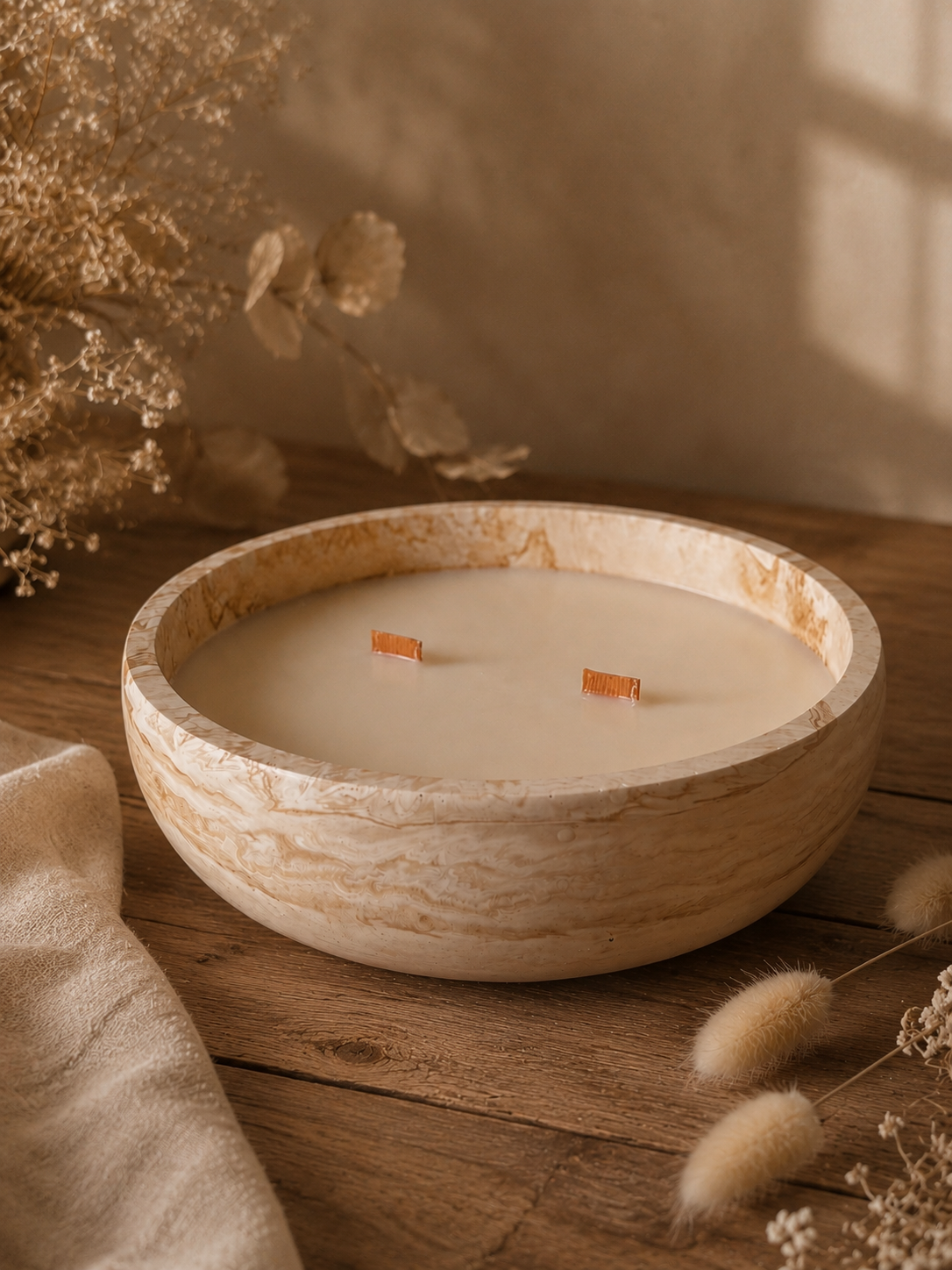 Enorme bougie bol fait main en jesmonite marbré beige