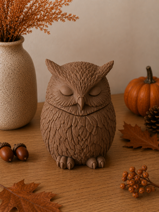 Bougie grand hibou endormi fait main en Jesmonite chocolat et cire de soja senteur au choix