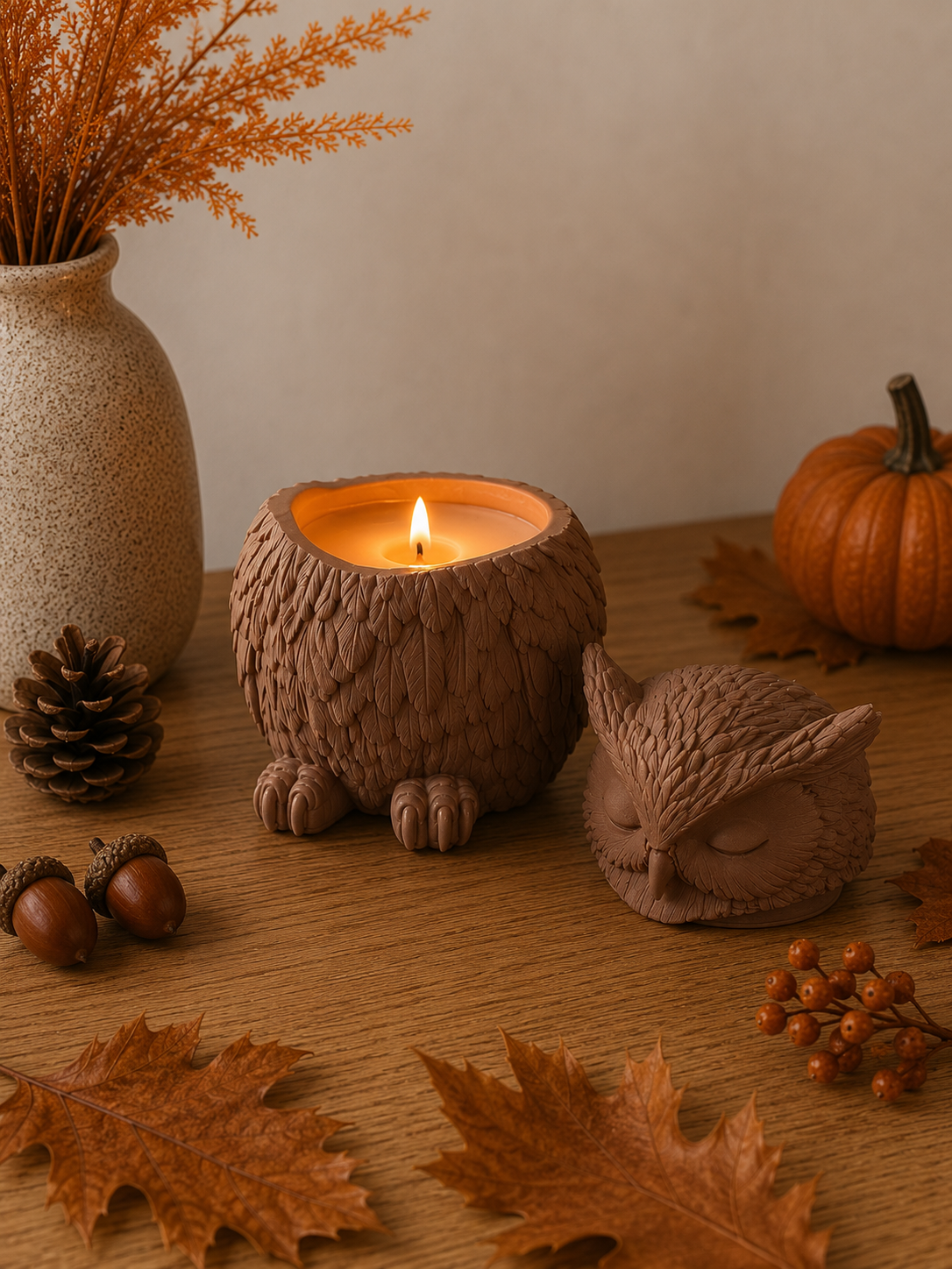 Bougie grand hibou endormi fait main en Jesmonite chocolat et cire de soja senteur au choix