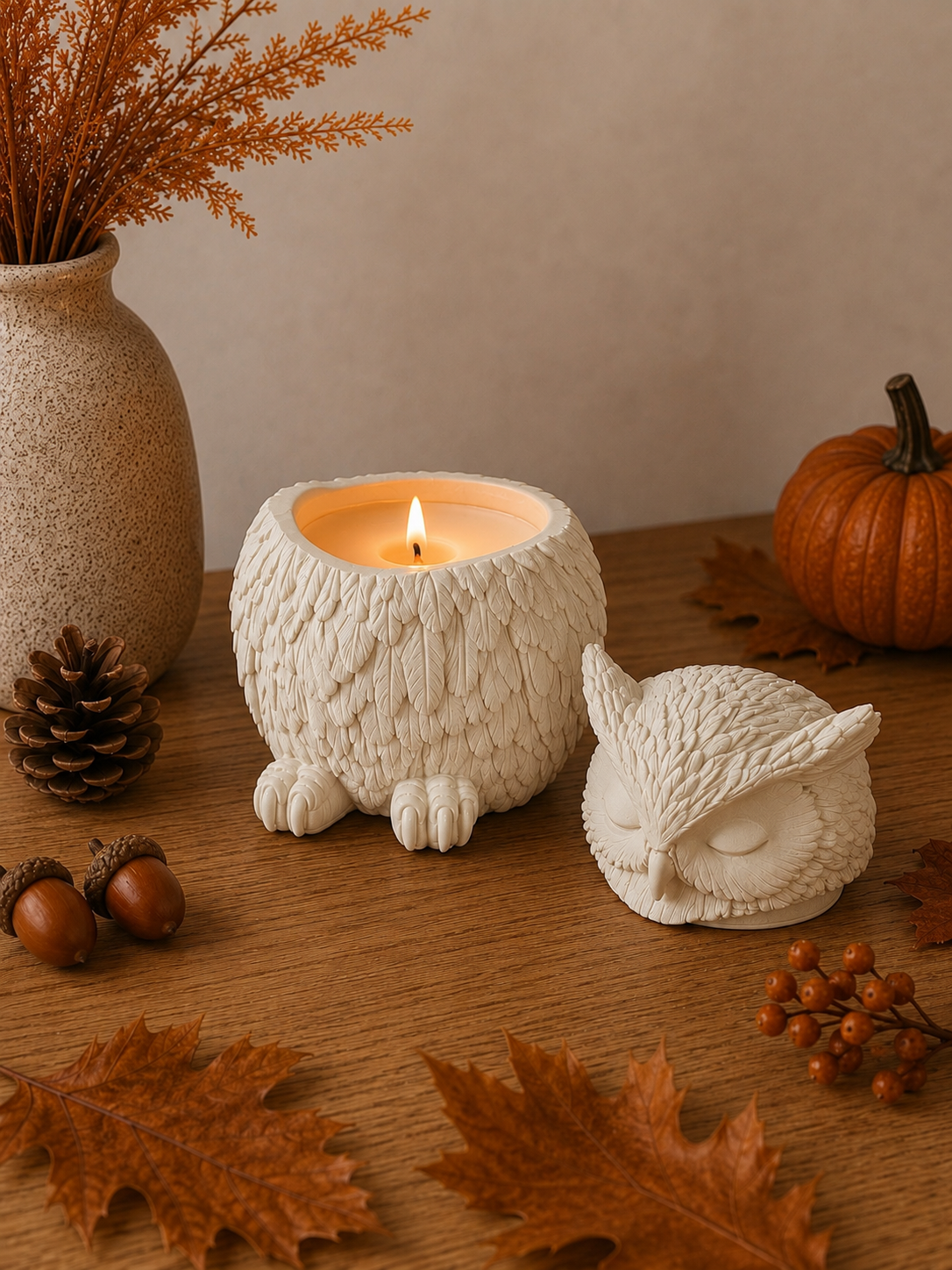 Bougie grand hibou endormi fait main en Jesmonite crème et cire de soja senteur au choix