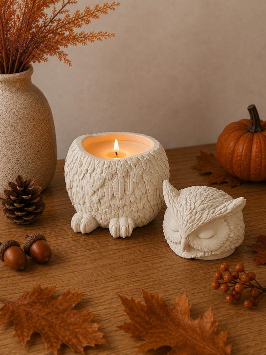 Bougie grand hibou endormi fait main en Jesmonite crème et cire de soja senteur au choix
